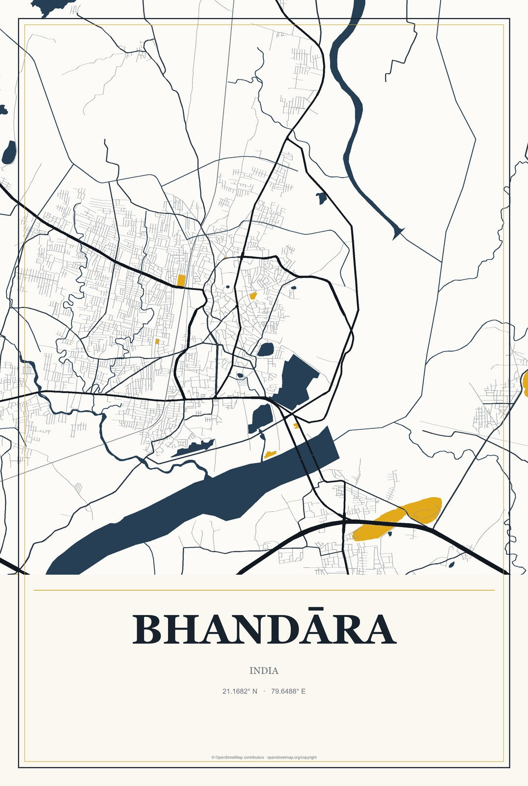 Bhandāra, India City Map Aluminum Sign in Citrine Modern style