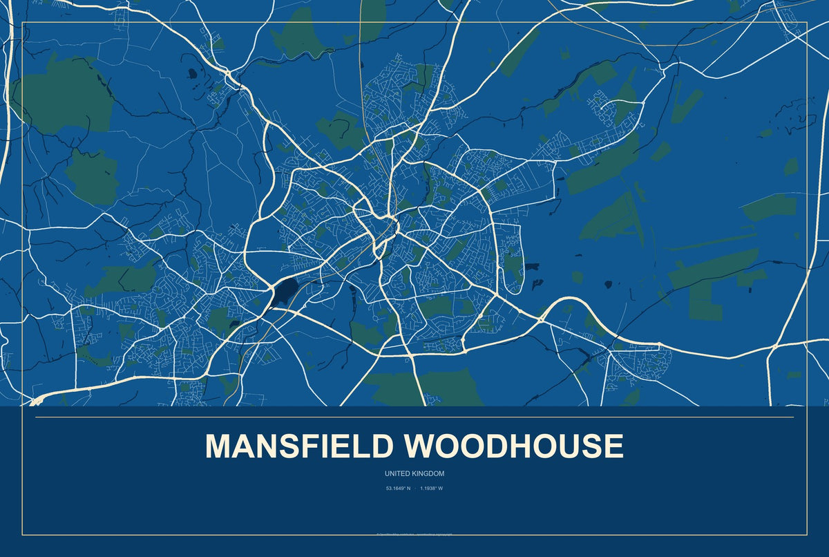 Mansfield Woodhouse, United Kingdom City Map Aluminum Sign in Harbor Cobalt style