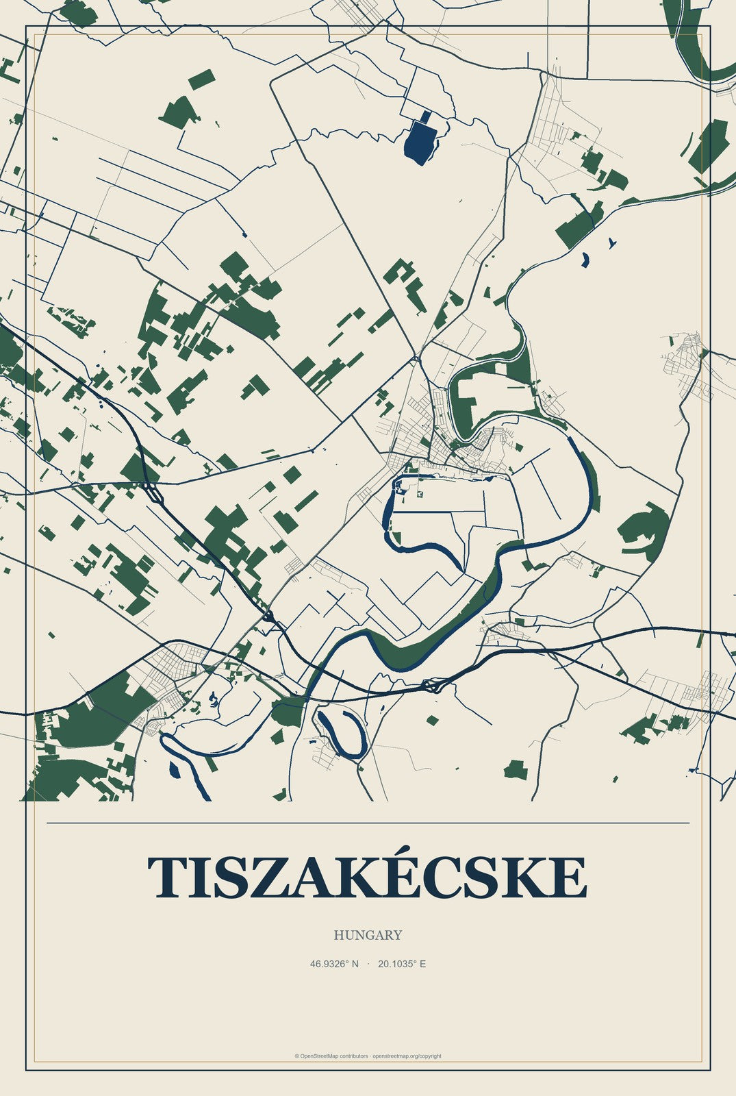 Tiszakécske, Hungary City Map Aluminum Sign in Coastal Cutout style