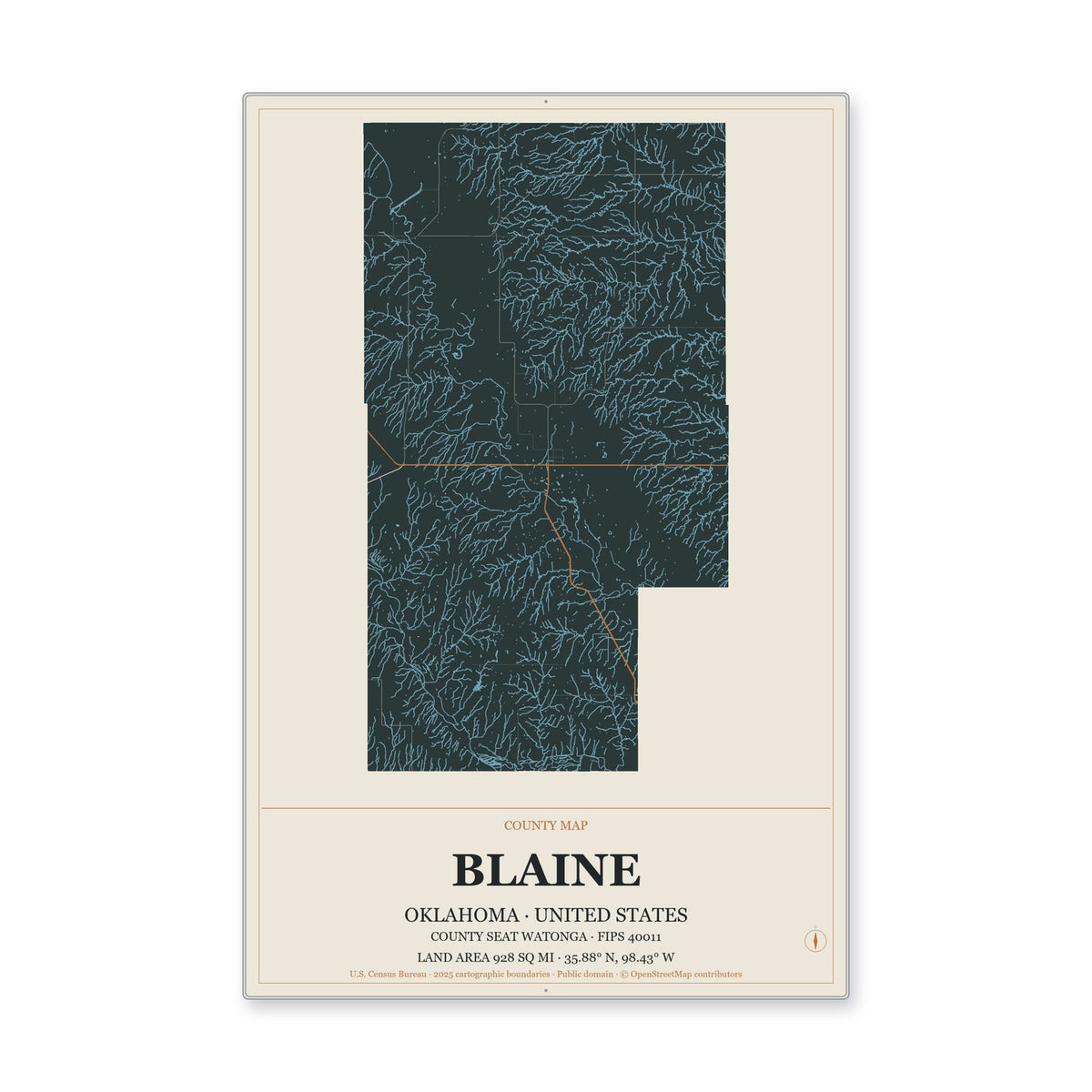 Blaine County, Oklahoma Map Aluminum Sign in Headline Atlas style