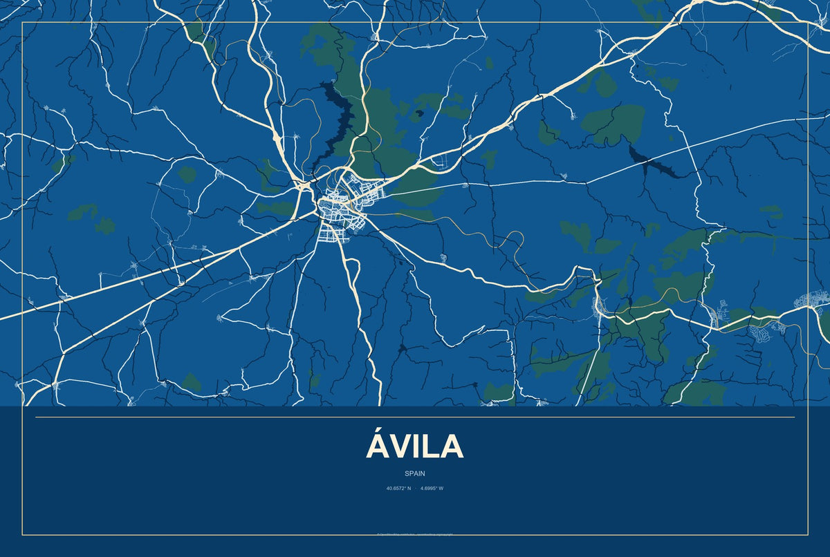 Ávila, Spain City Map Aluminum Sign in Harbor Cobalt style