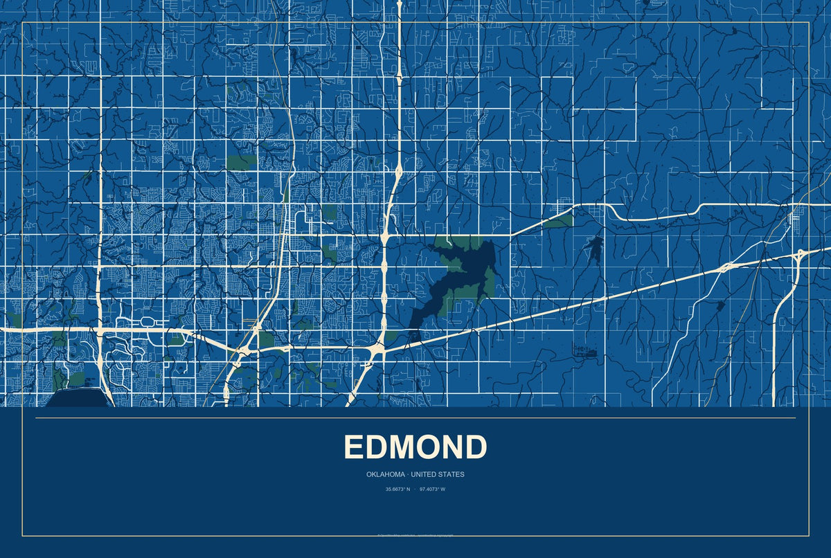 Edmond, Oklahoma City Map Aluminum Sign in Harbor Cobalt style
