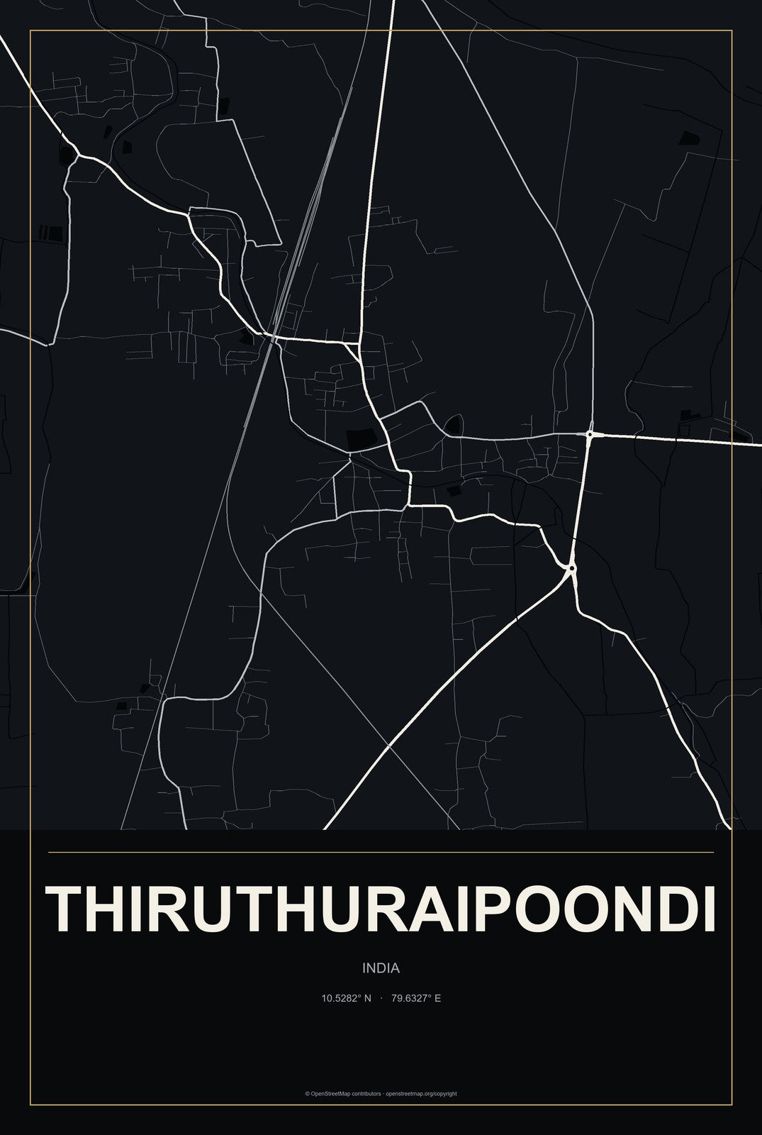 Thiruthuraipoondi, India City Map Aluminum Sign in Metropolitan Noir style