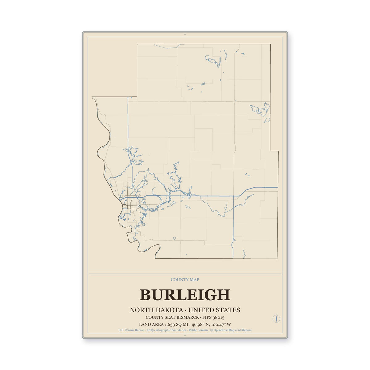 Burleigh County, North Dakota Map Aluminum Sign in Heritage Nautical style