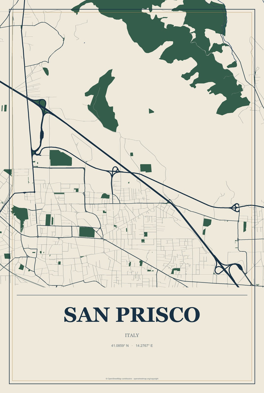 San Prisco, Italy City Map Aluminum Sign in Coastal Cutout style