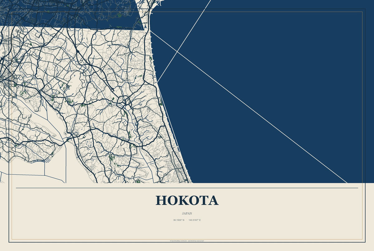Hokota, Japan City Map Aluminum Sign in Coastal Cutout style