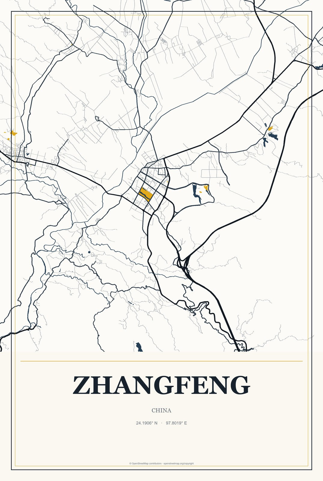 Zhangfeng, China City Map Aluminum Sign in Citrine Modern style