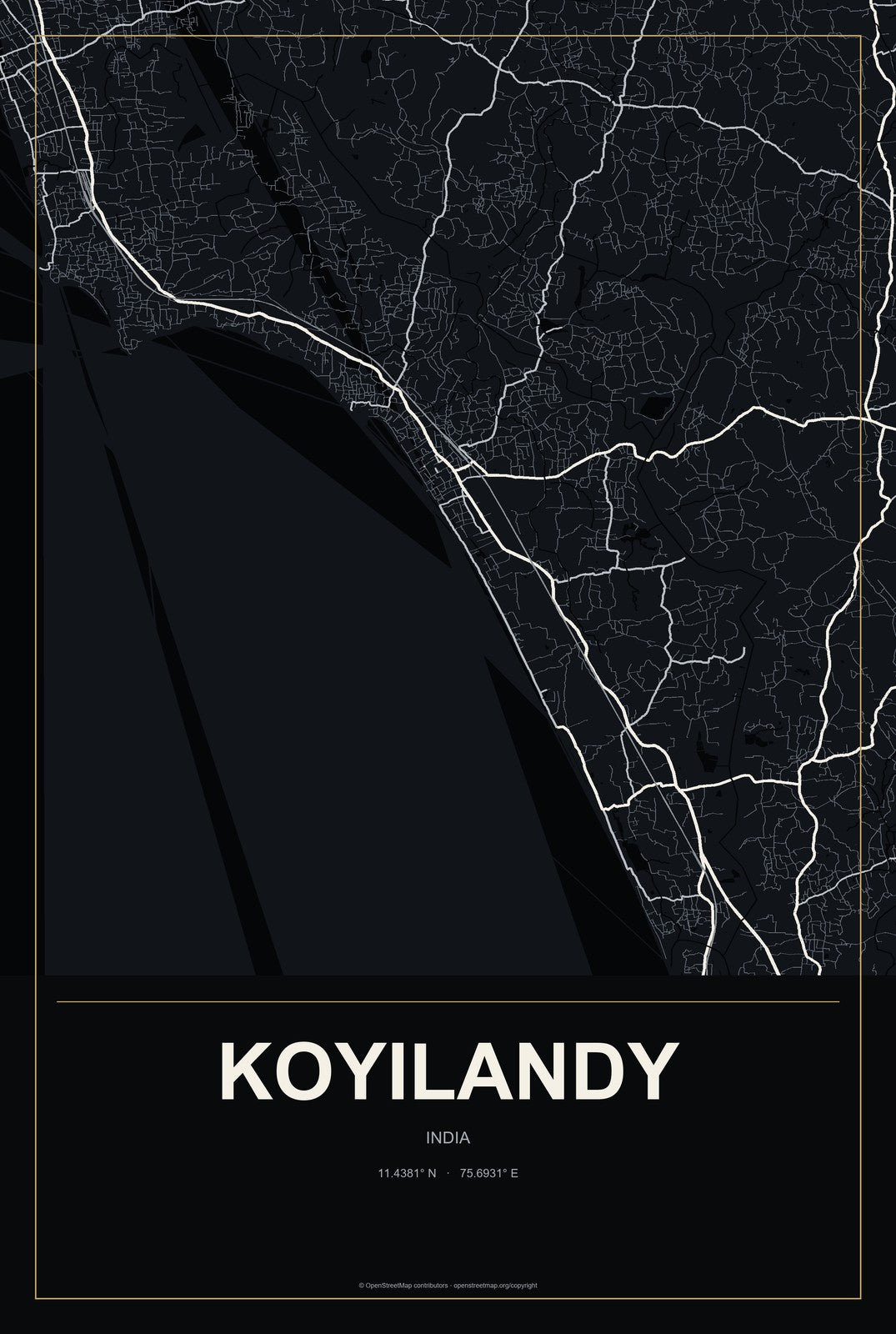 Koyilandy, India City Map Aluminum Sign in Metropolitan Noir style