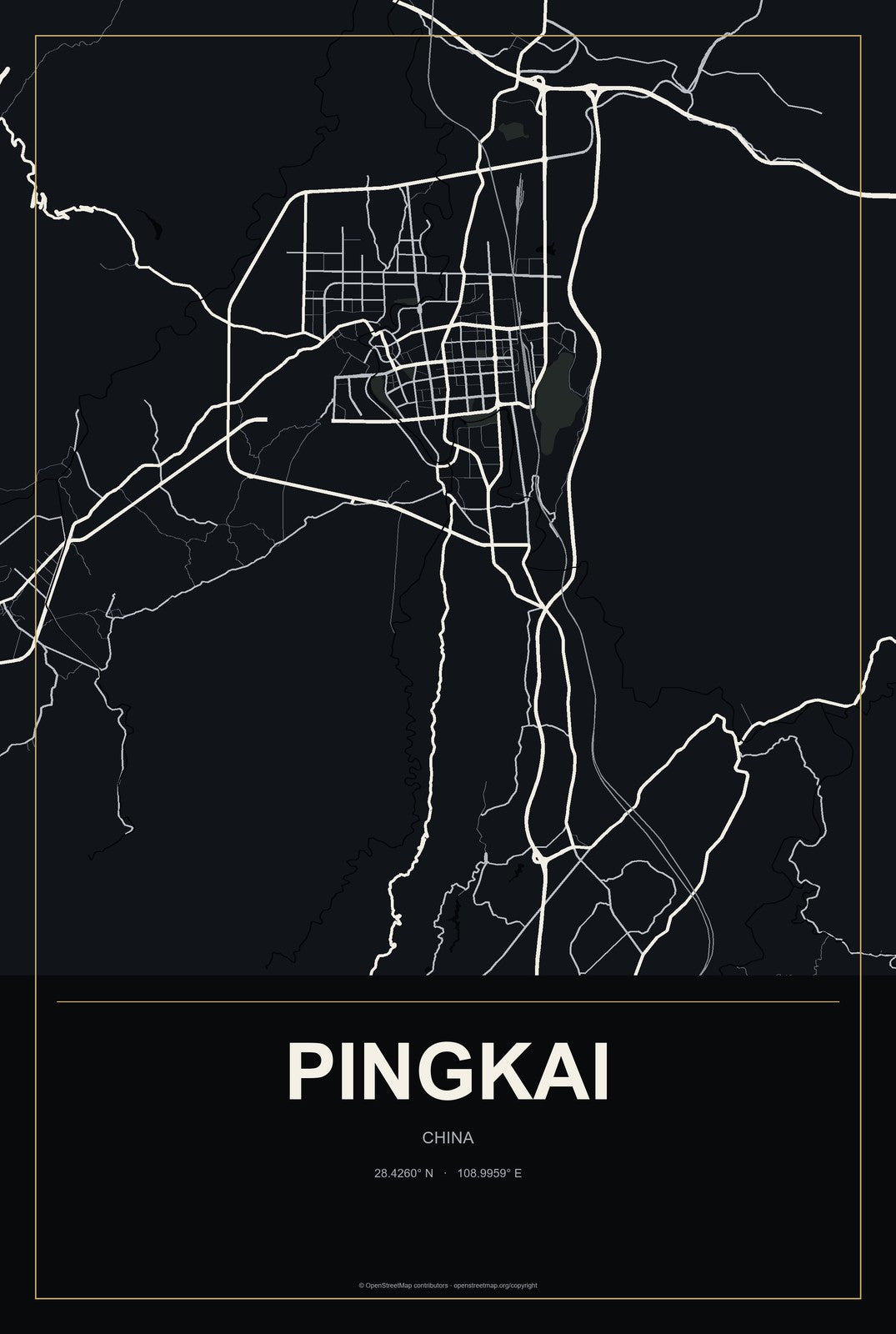 Pingkai, China City Map Aluminum Sign in Metropolitan Noir style