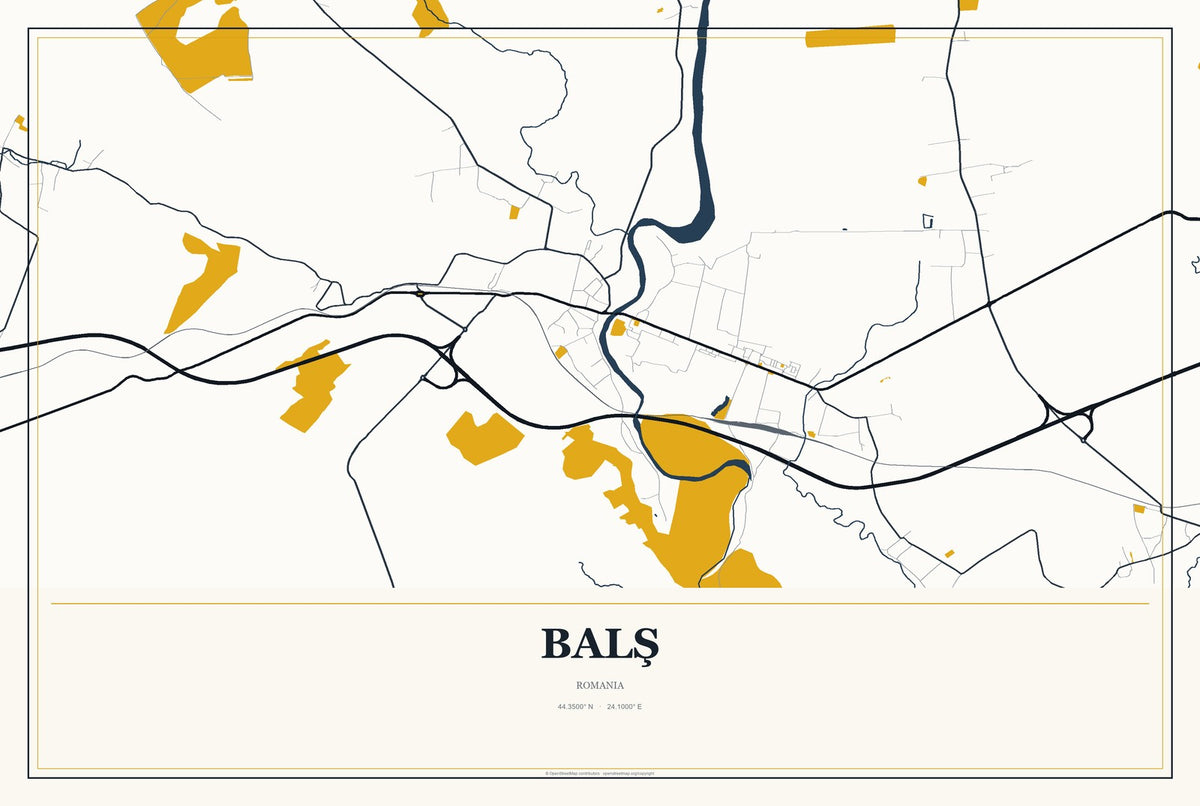 Balş, Romania City Map Aluminum Sign in Citrine Modern style
