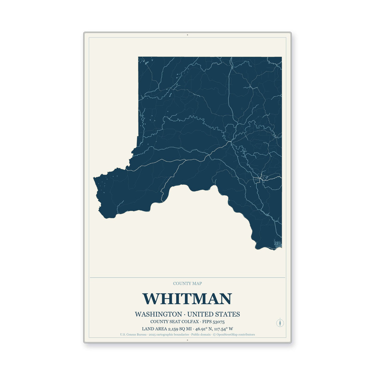 Whitman County, Washington Map Aluminum Sign in Coastal Cutout style