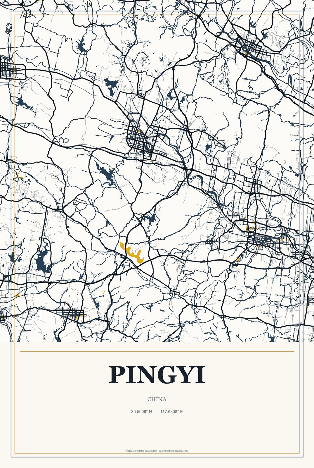 Pingyi, China City Map Aluminum Sign in Citrine Modern style