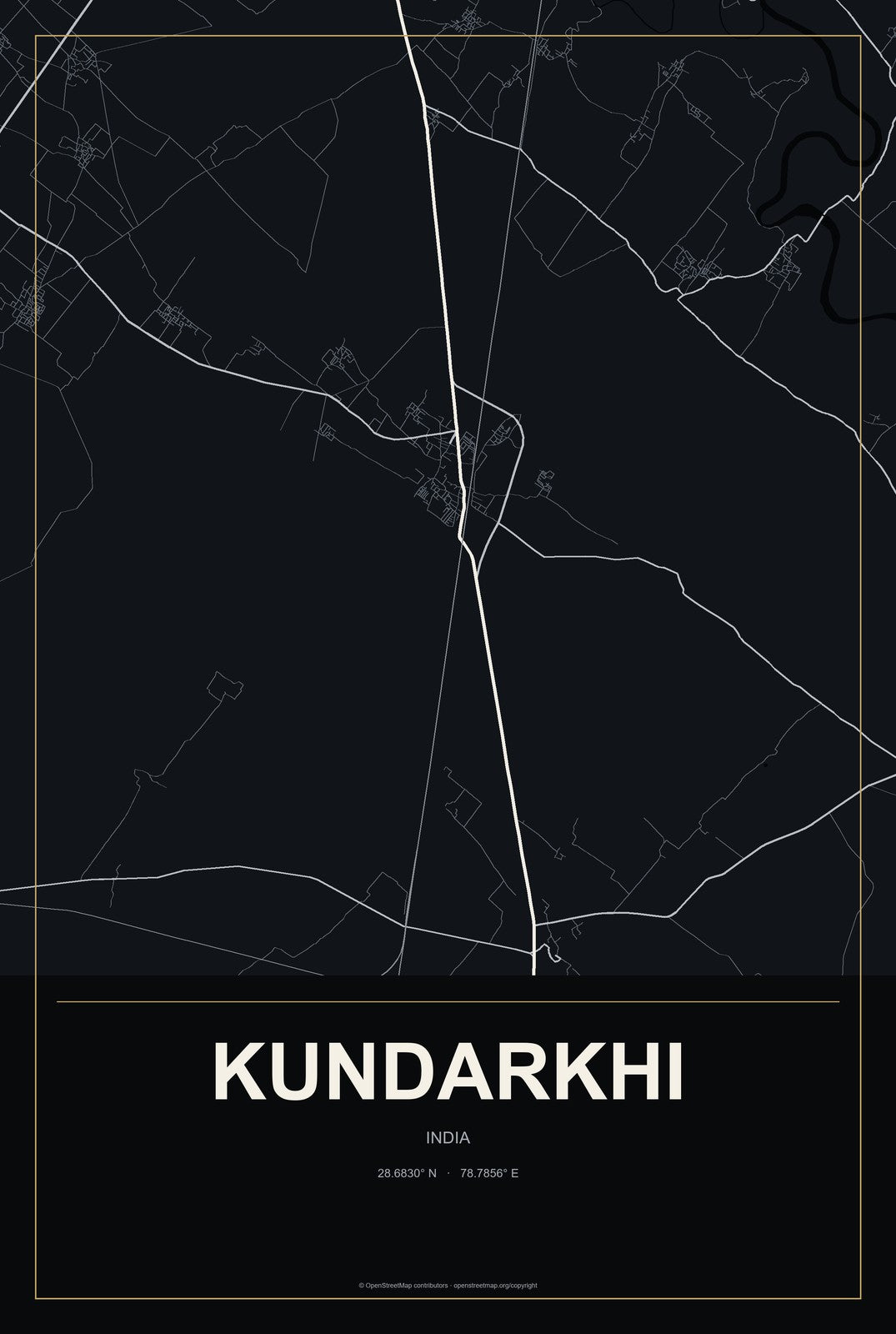 Kundarkhi, India City Map Aluminum Sign in Metropolitan Noir style