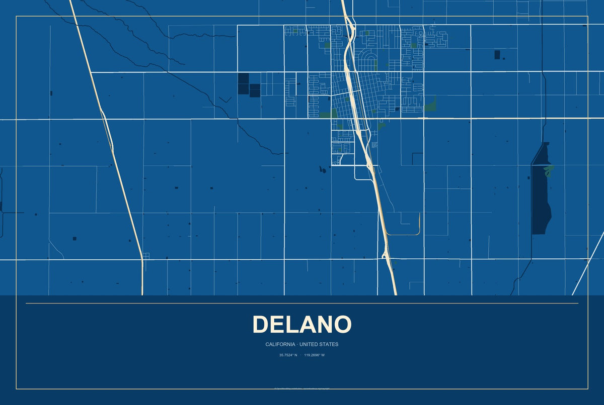 Delano, California City Map Aluminum Sign in Harbor Cobalt style