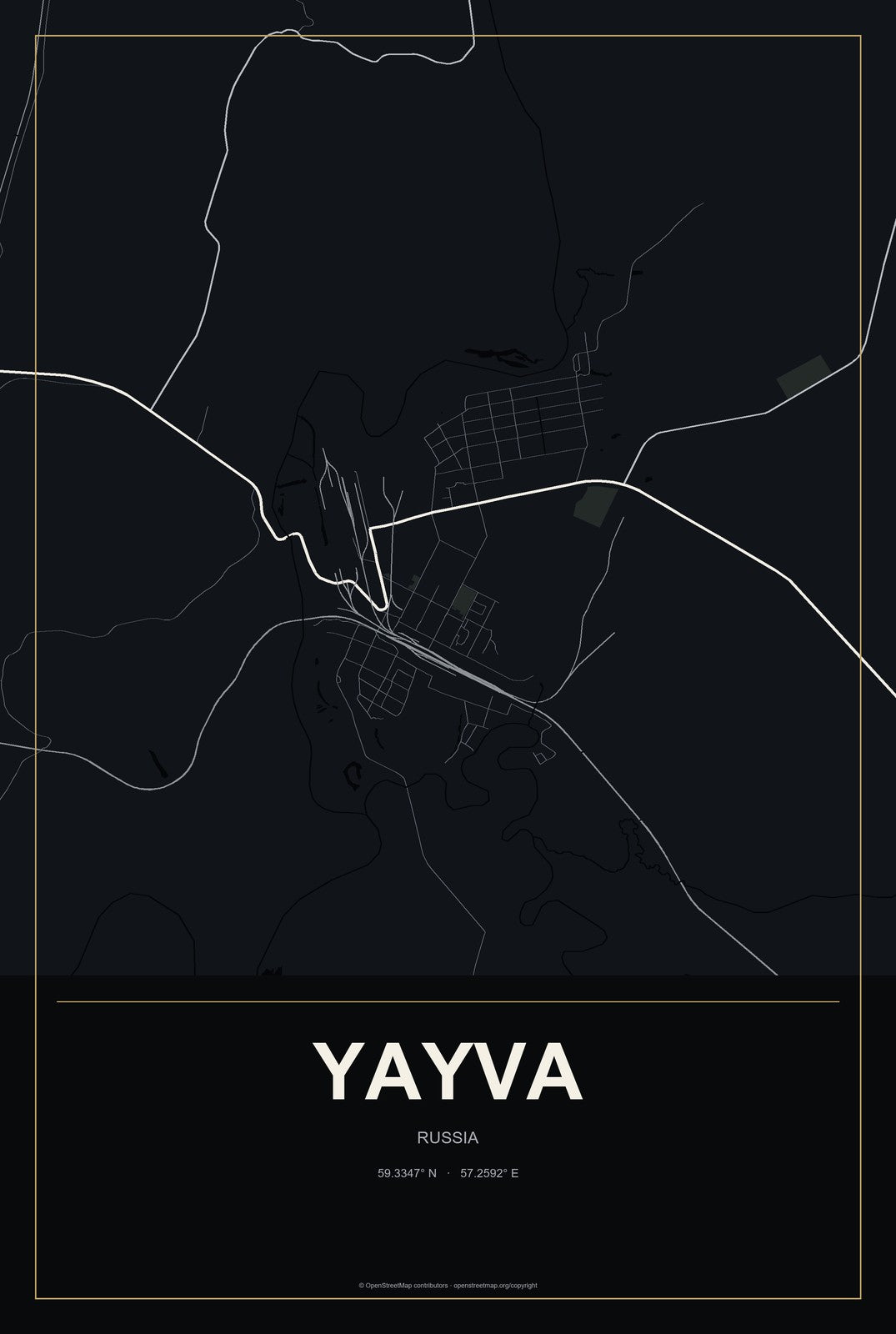 Yayva, Russia City Map Aluminum Sign in Metropolitan Noir style