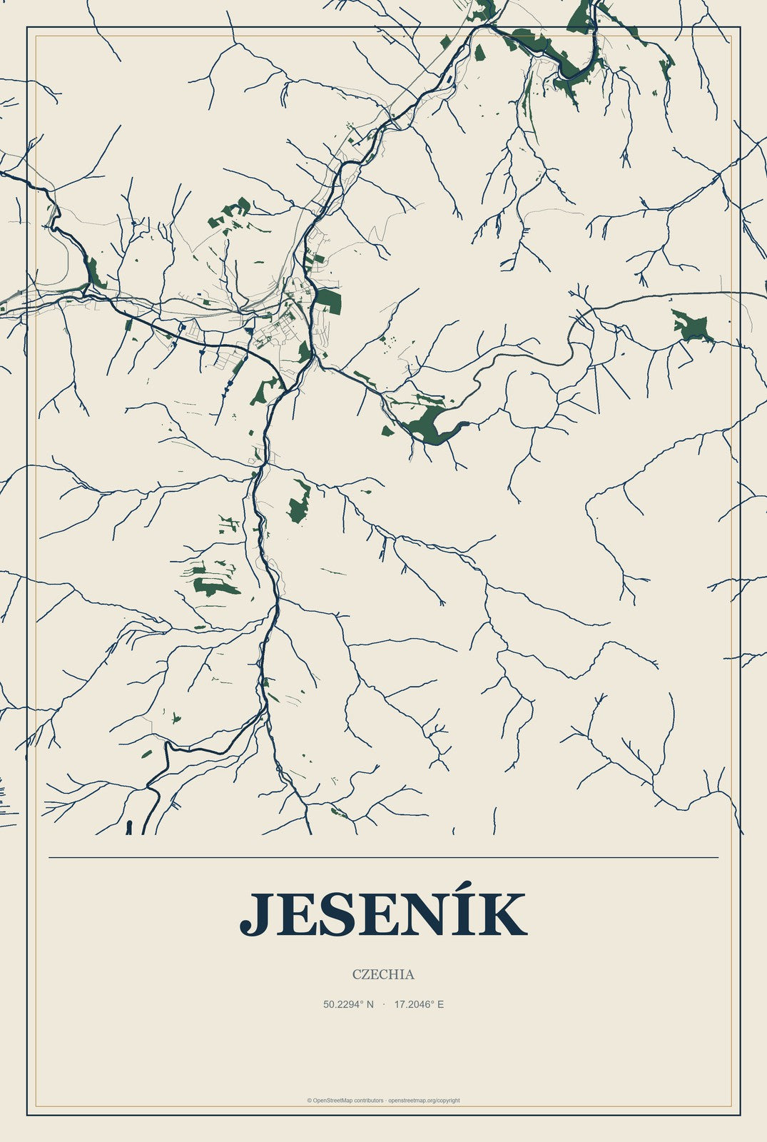 Jeseník, Czechia City Map Aluminum Sign in Coastal Cutout style