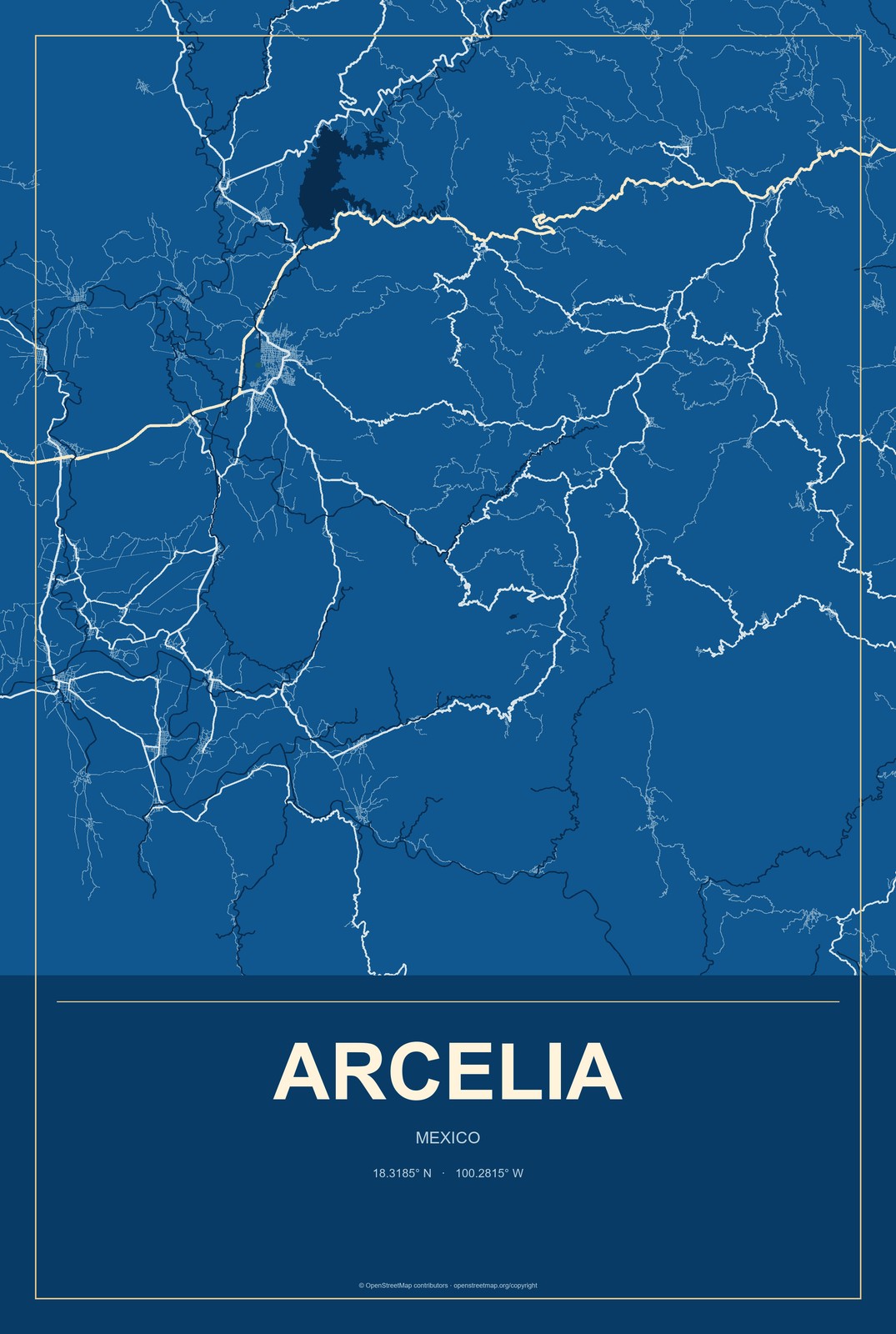 Arcelia, Mexico City Map Aluminum Sign in Harbor Cobalt style