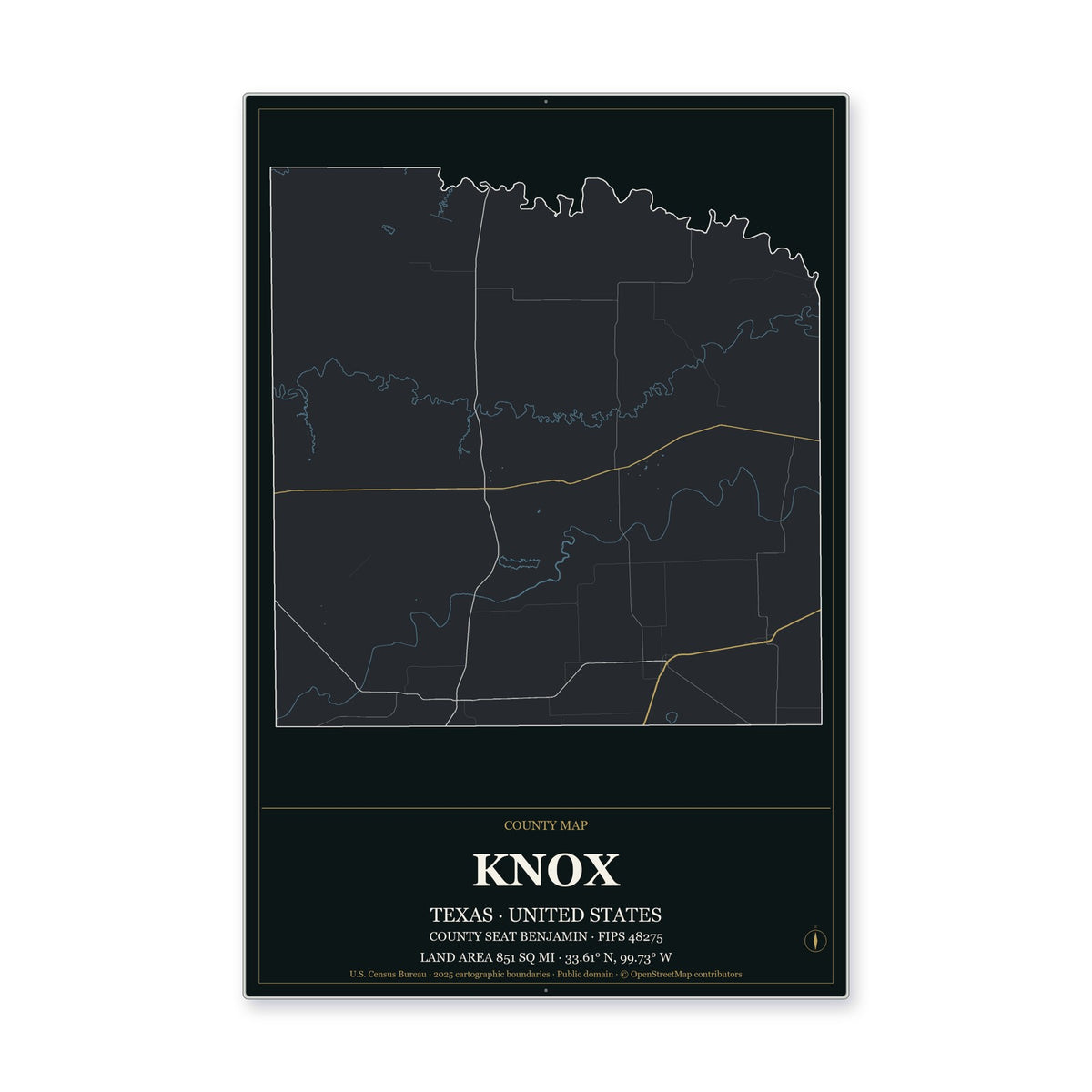 Knox County, Texas Map Aluminum Sign in Metropolitan Noir style