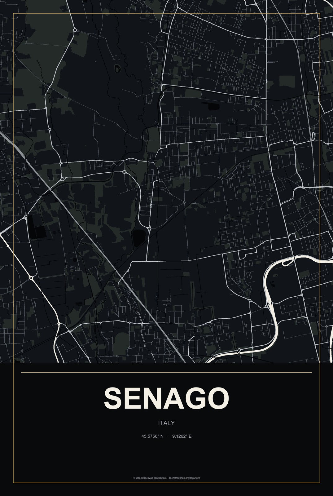 Senago, Italy City Map Aluminum Sign in Metropolitan Noir style
