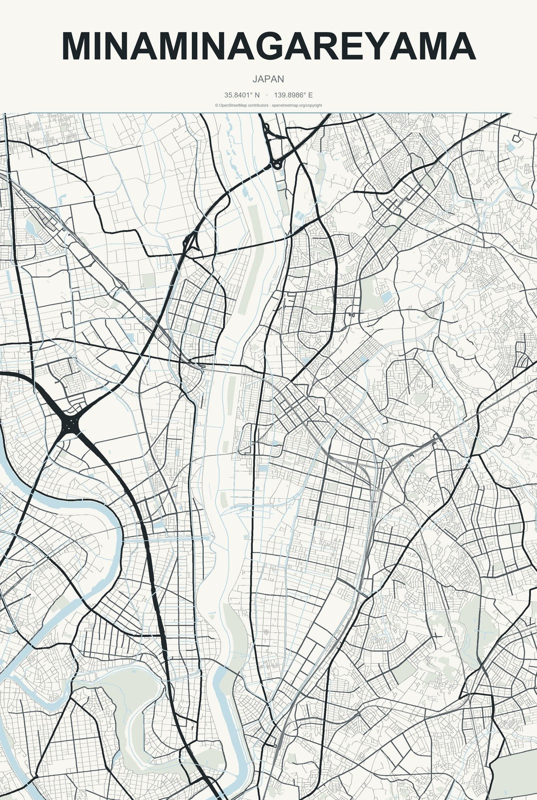 Minaminagareyama, Japan City Map Aluminum Sign in Headline Atlas style
