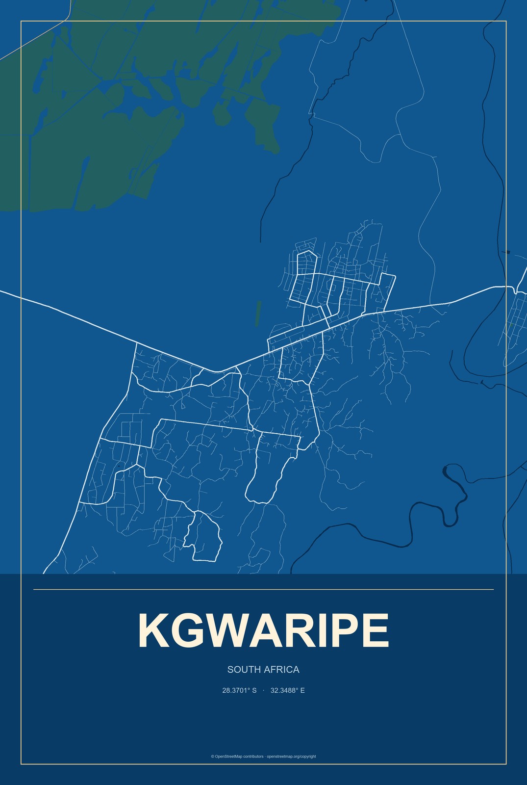 Kgwaripe, South Africa City Map Aluminum Sign in Harbor Cobalt style