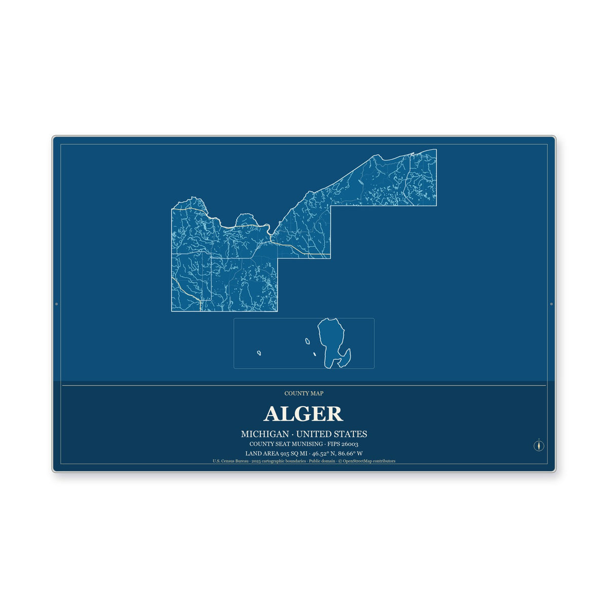 Alger County, Michigan Map Aluminum Sign in Harbor Cobalt style