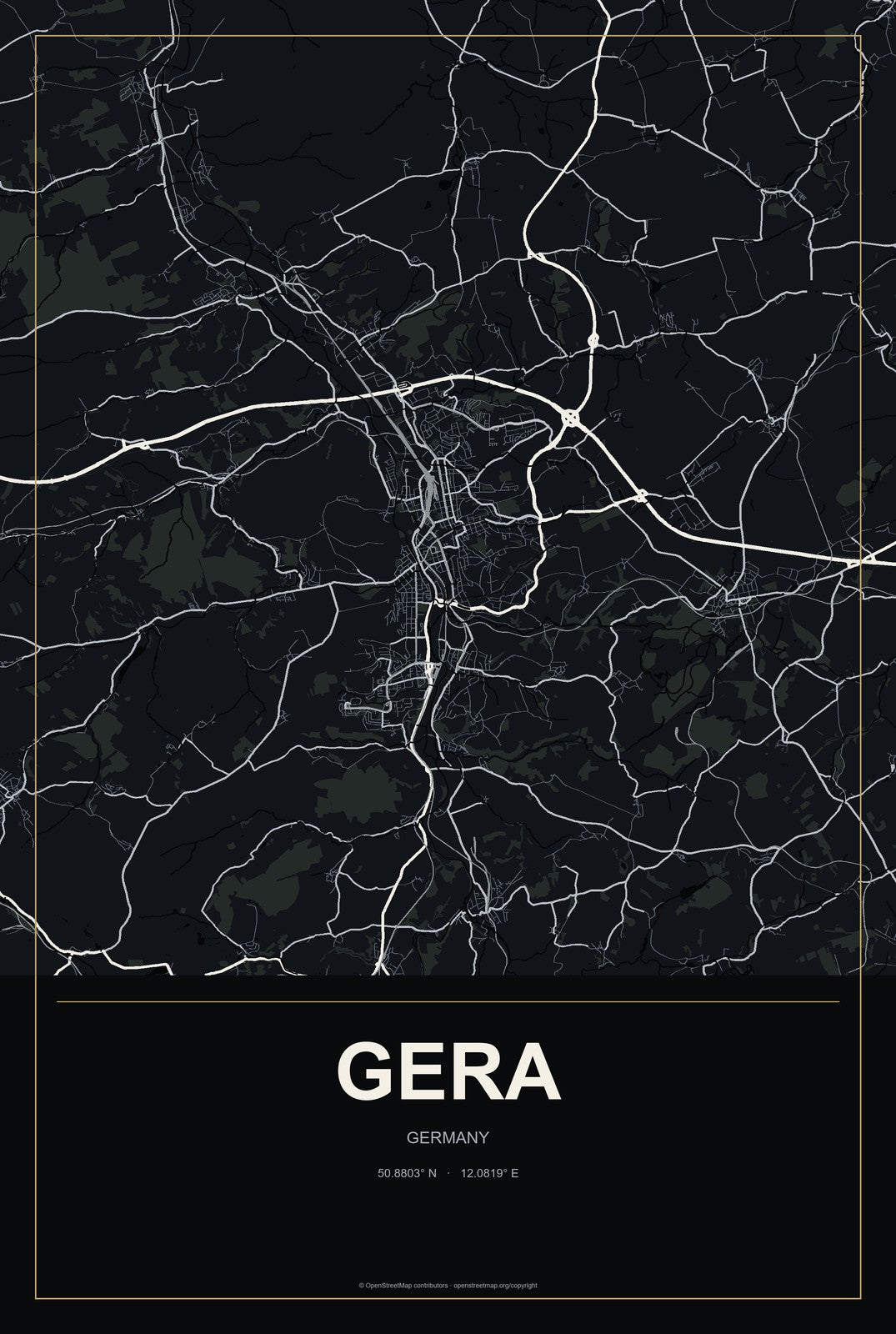 Gera, Germany City Map Aluminum Sign in Metropolitan Noir style