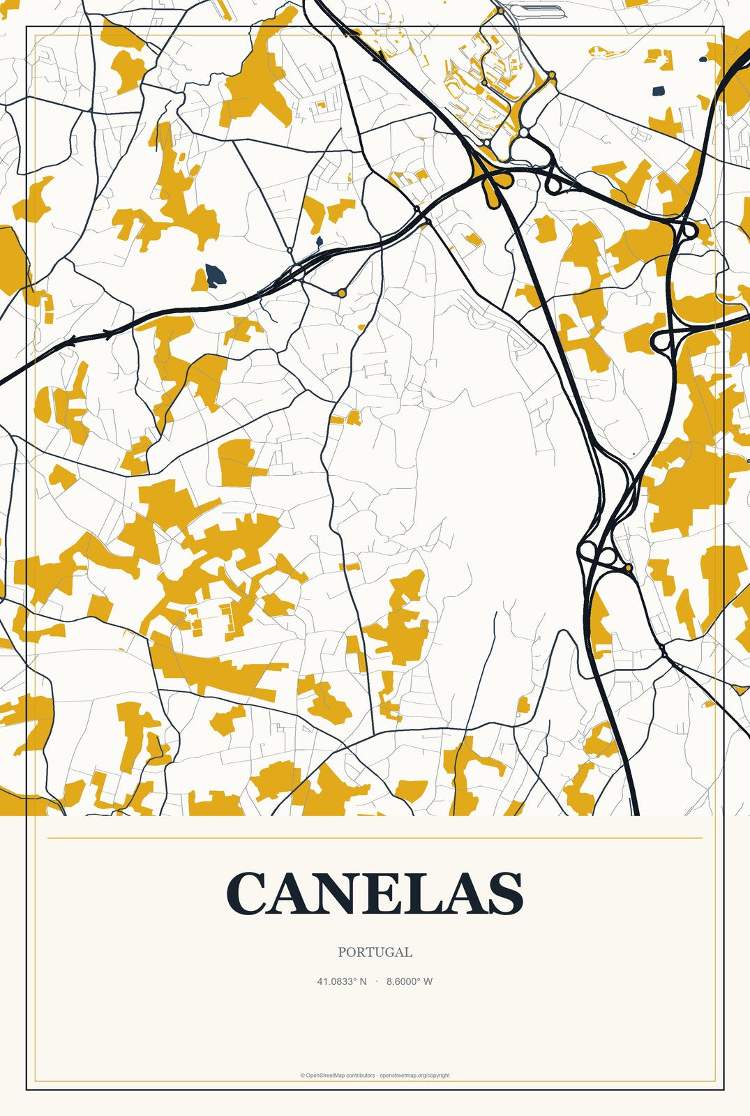 Canelas, Portugal City Map Aluminum Sign in Citrine Modern style