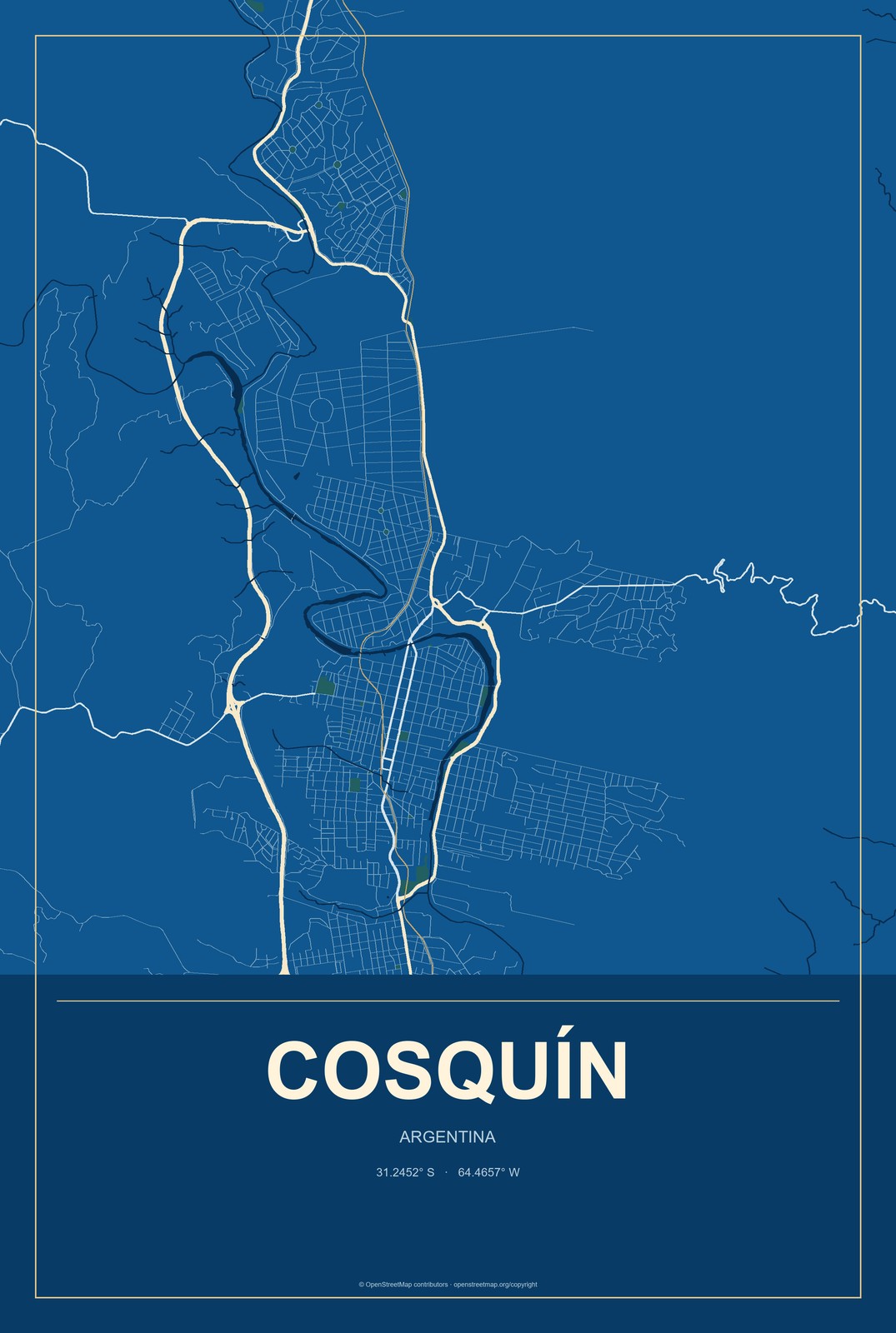 Cosquín, Argentina City Map Aluminum Sign in Harbor Cobalt style