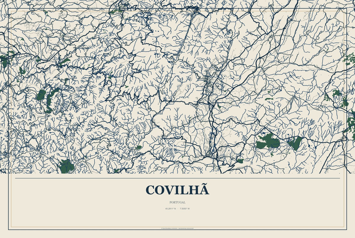 Covilhã, Portugal City Map Aluminum Sign in Coastal Cutout style