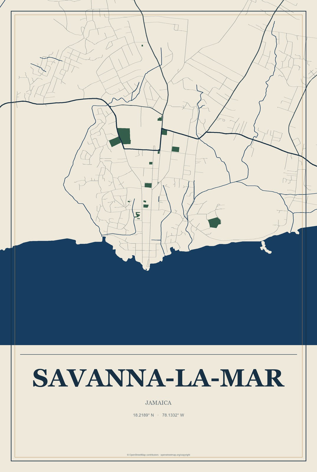Savanna-la-Mar, Jamaica City Map Aluminum Sign in Coastal Cutout style