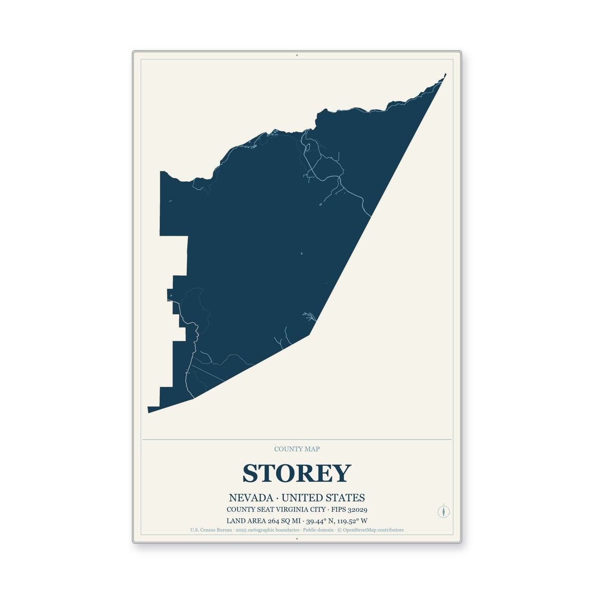 Storey County, Nevada Map Aluminum Sign in Coastal Cutout style