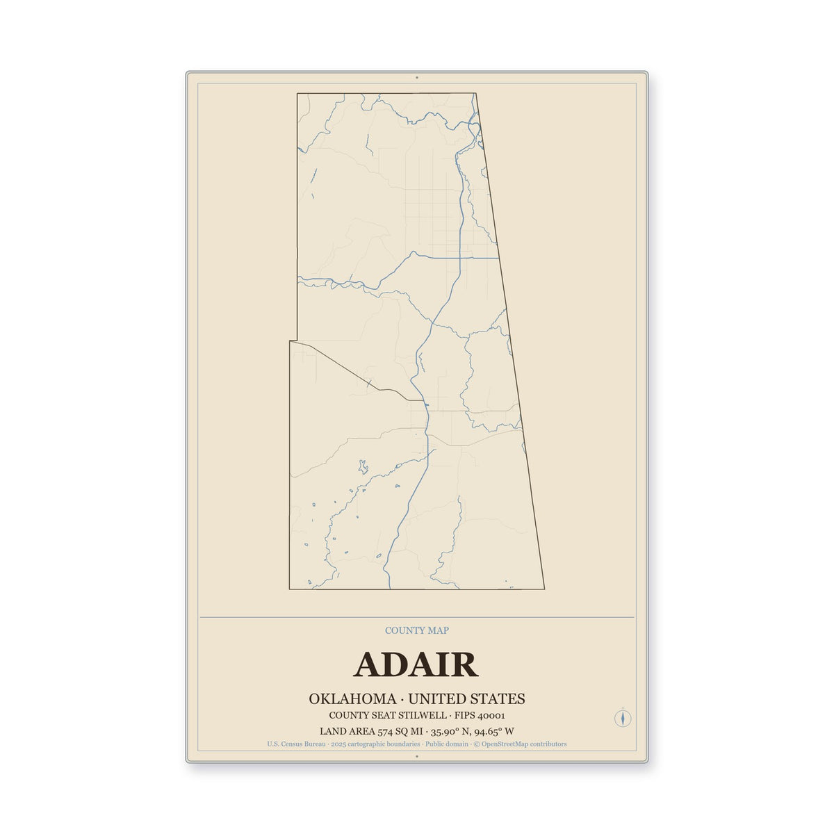 Adair County, Oklahoma Map Aluminum Sign in Heritage Nautical style