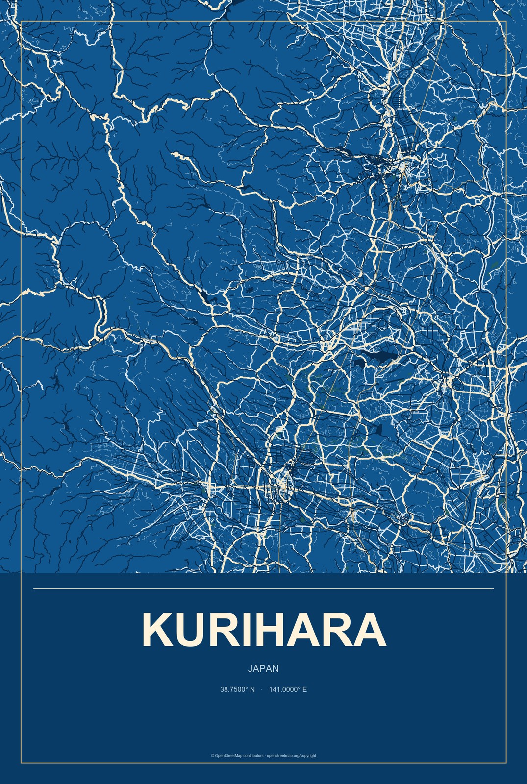 Kurihara, Japan City Map Aluminum Sign in Harbor Cobalt style