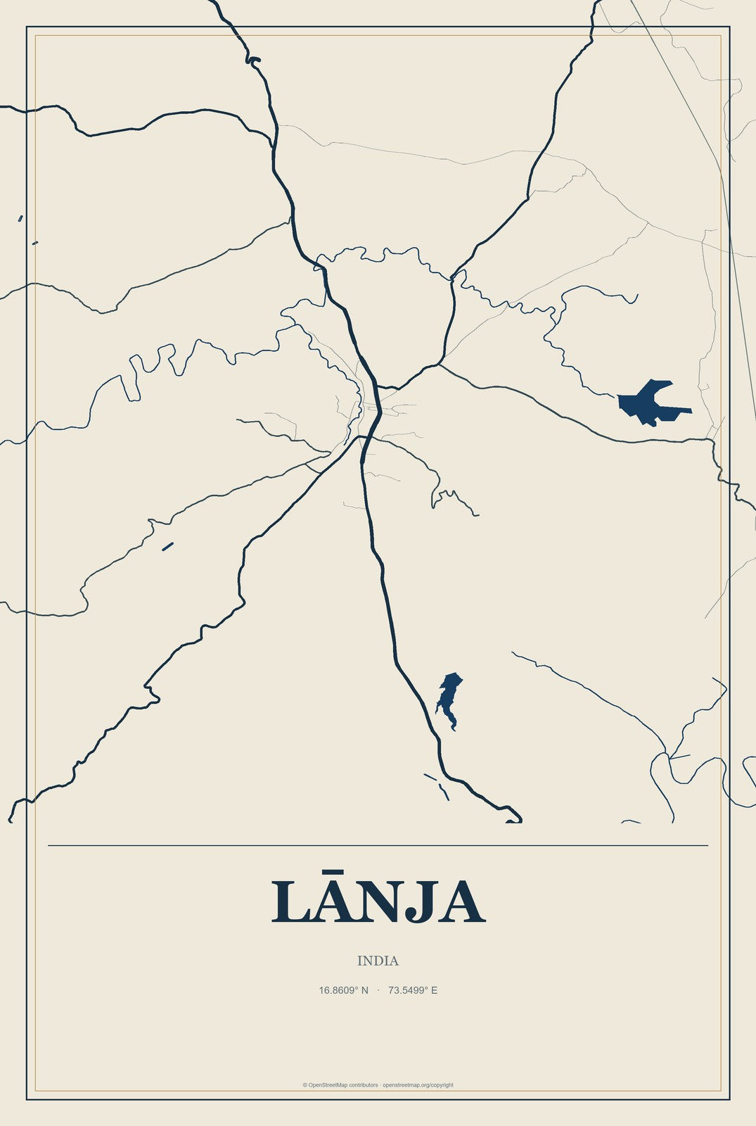 Lānja, India City Map Aluminum Sign in Coastal Cutout style