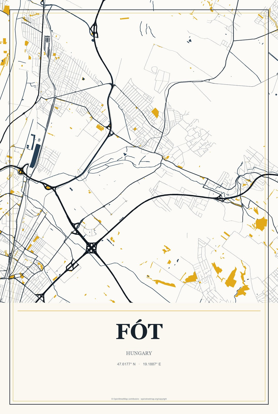 Fót, Hungary City Map Aluminum Sign in Citrine Modern style