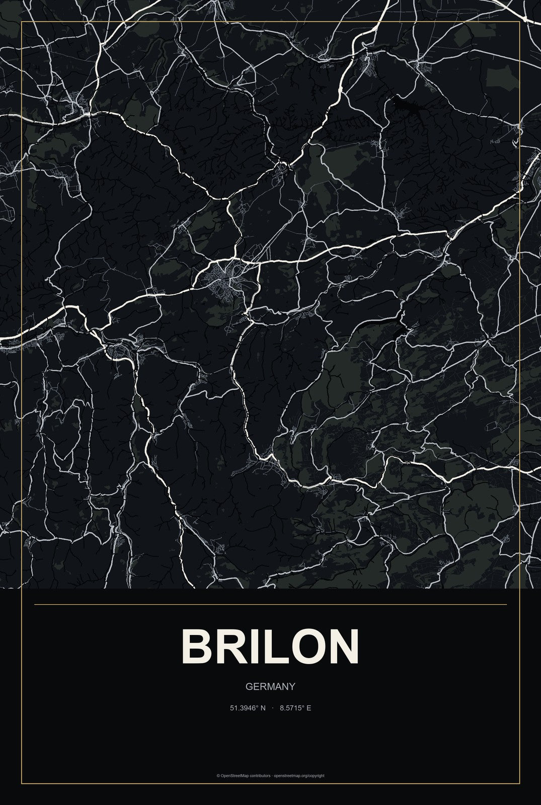 Brilon, Germany City Map Aluminum Sign in Metropolitan Noir style