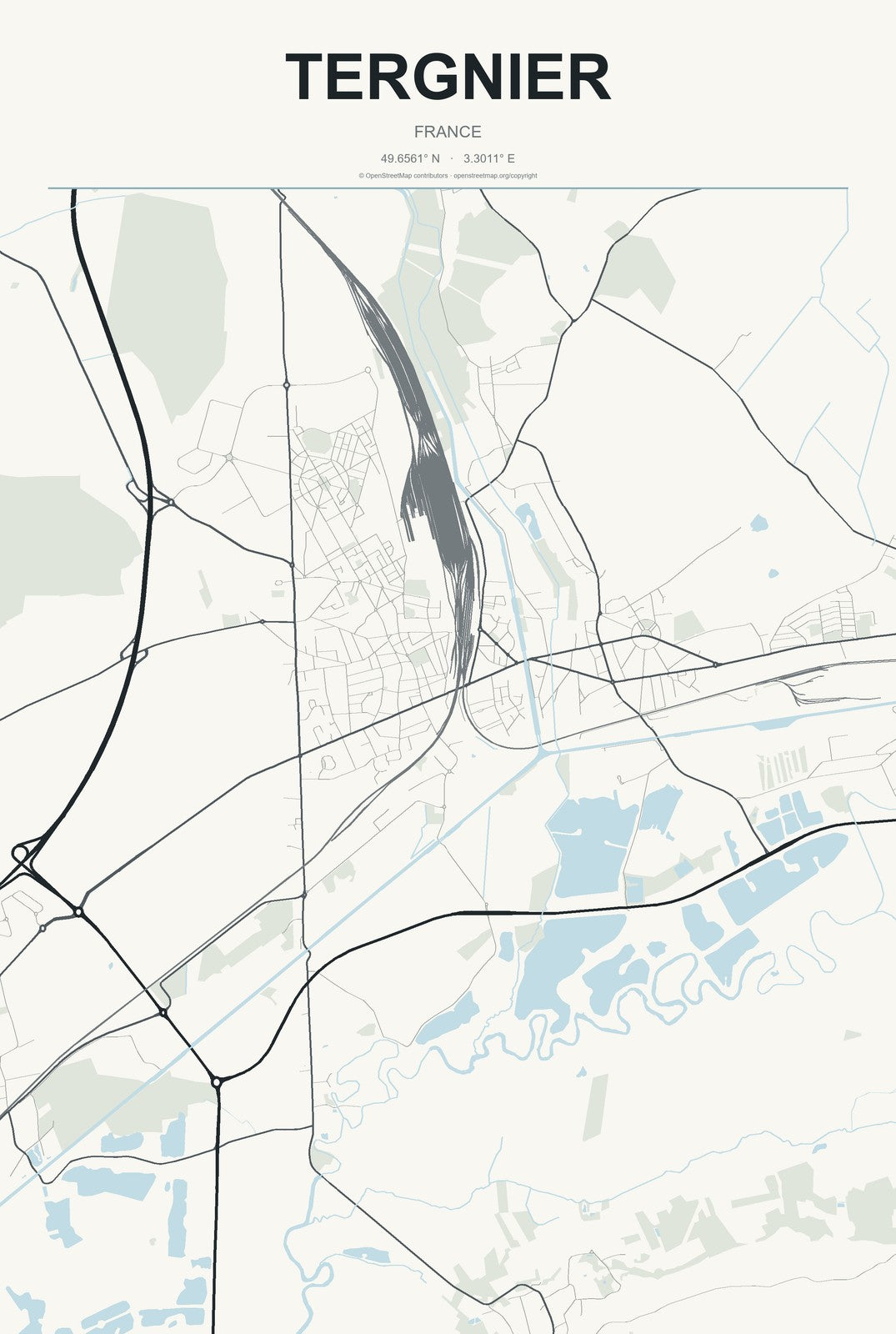 Tergnier, France City Map Aluminum Sign in Headline Atlas style