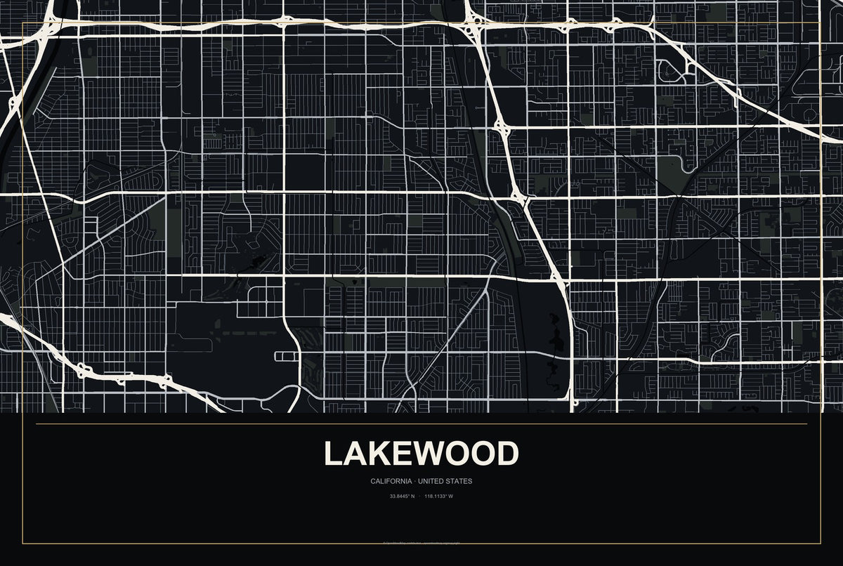 Lakewood, California City Map Aluminum Sign in Metropolitan Noir style