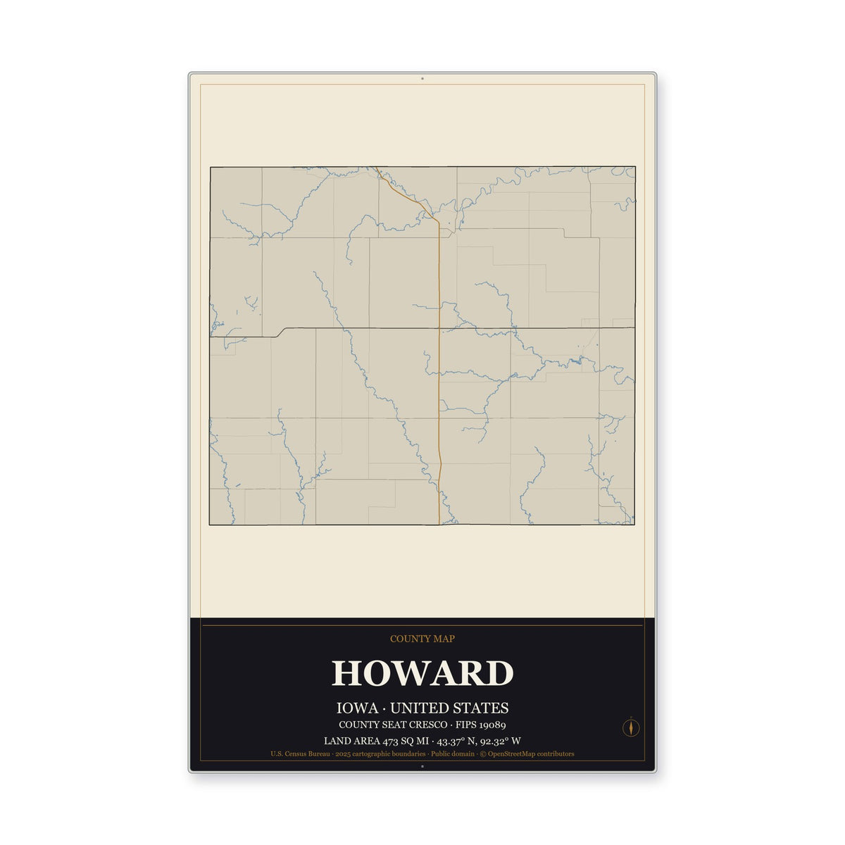 Howard County, Iowa Map Aluminum Sign in Museum Plaque style