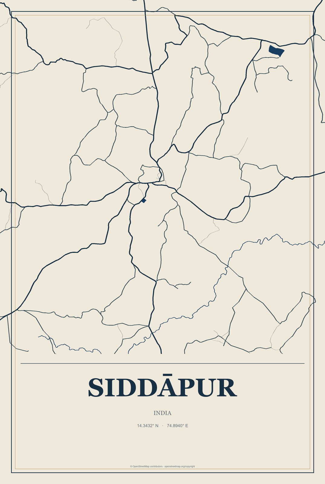 Siddāpur, India City Map Aluminum Sign in Coastal Cutout style
