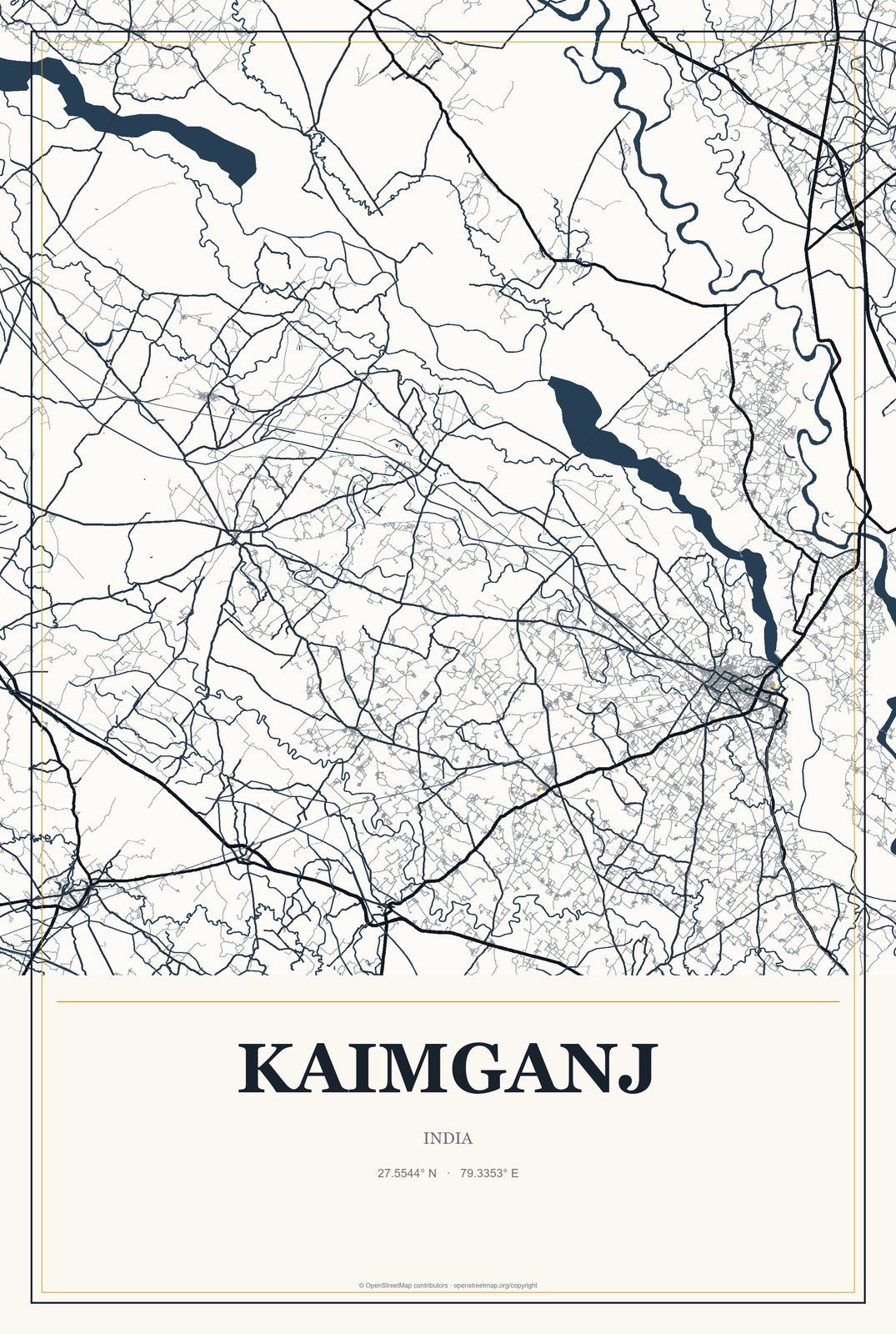 Kaimganj, India City Map Aluminum Sign in Citrine Modern style