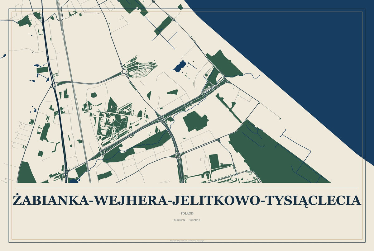 Żabianka-Wejhera-Jelitkowo-Tysiąclecia, Poland City Map Aluminum Sign in Coastal Cutout style