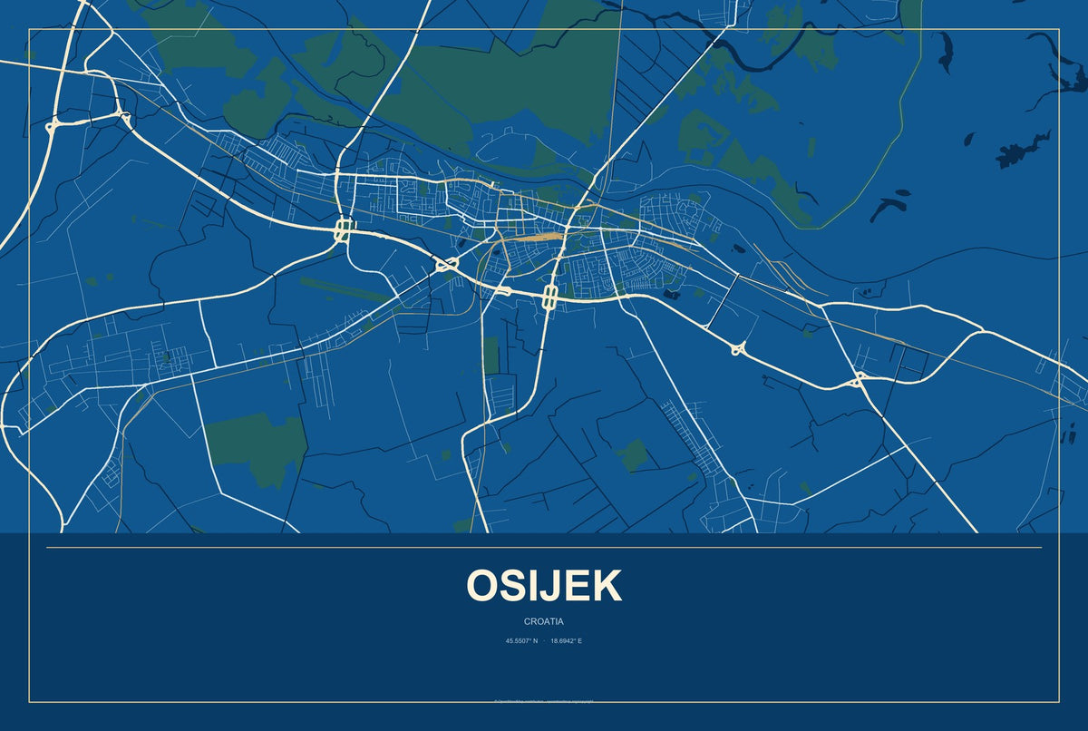Osijek, Croatia City Map Aluminum Sign in Harbor Cobalt style