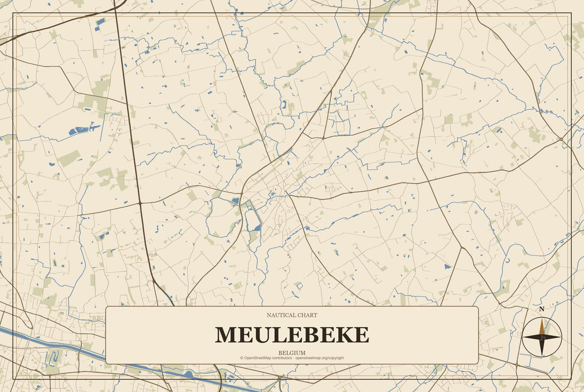 Meulebeke, Belgium City Map Aluminum Sign in Heritage Nautical style