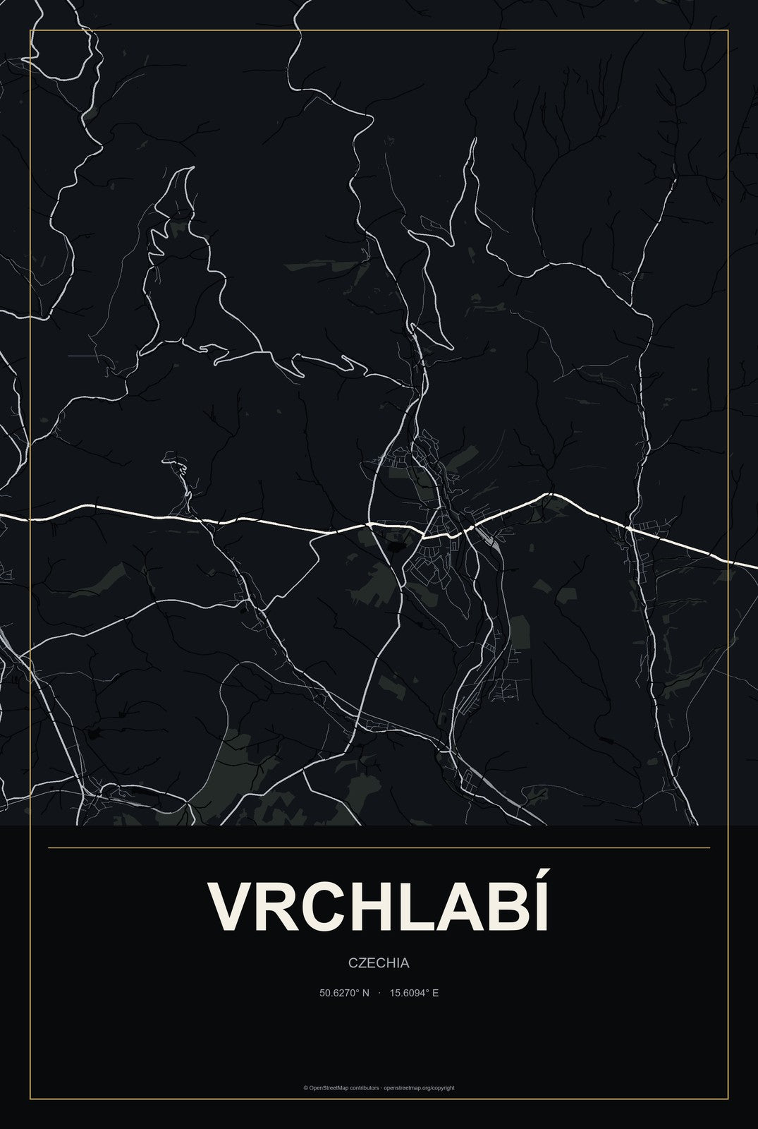 Vrchlabí, Czechia City Map Aluminum Sign in Metropolitan Noir style