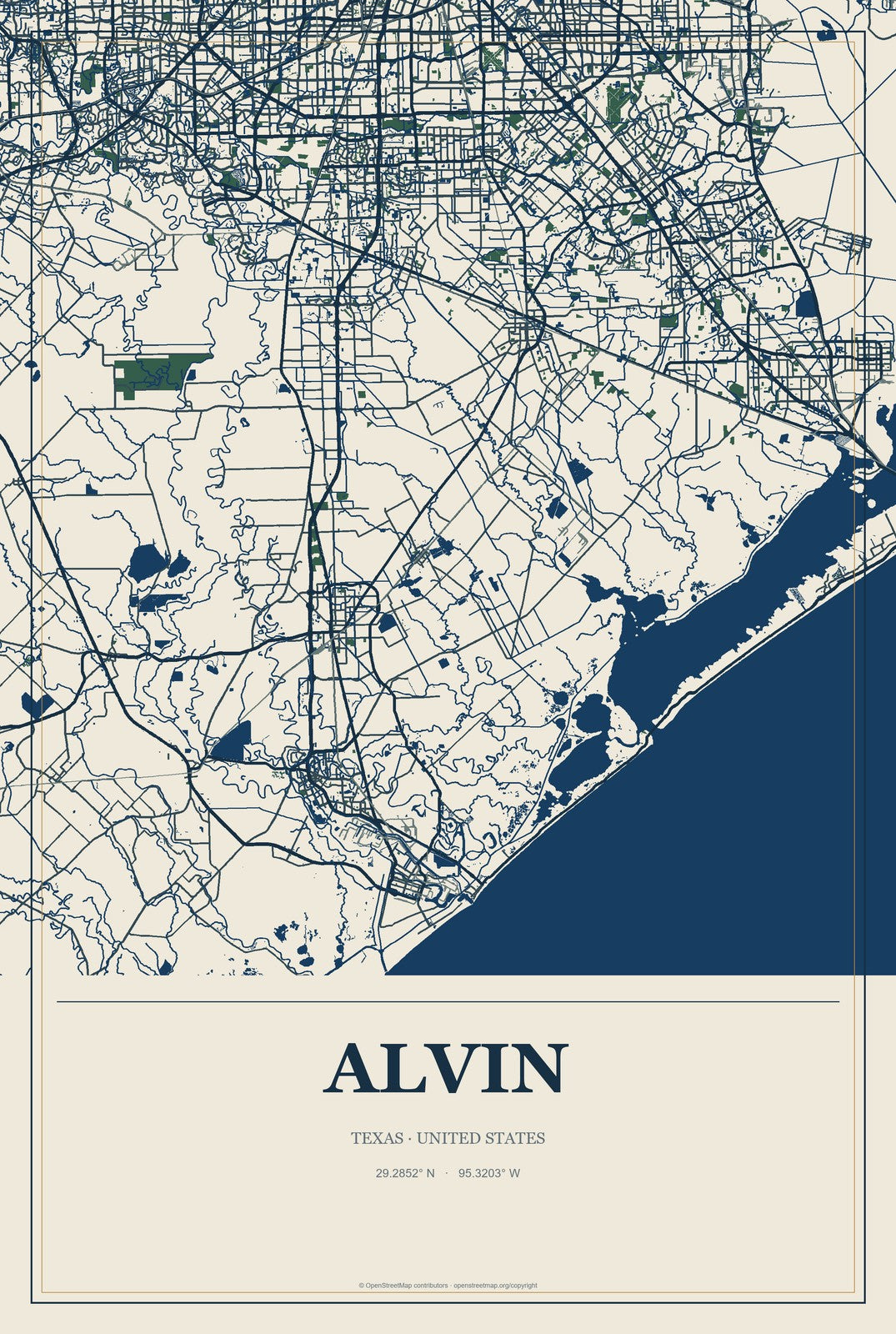 Alvin, Texas City Map Aluminum Sign in Coastal Cutout style