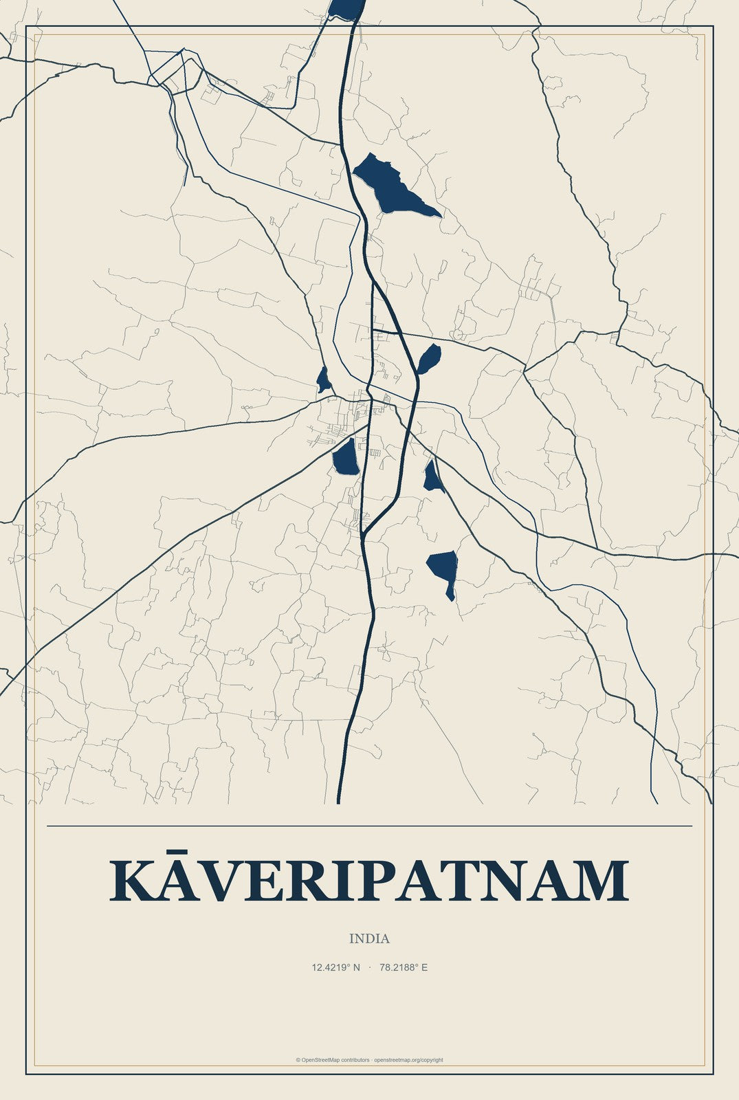 Kāveripatnam, India City Map Aluminum Sign in Coastal Cutout style