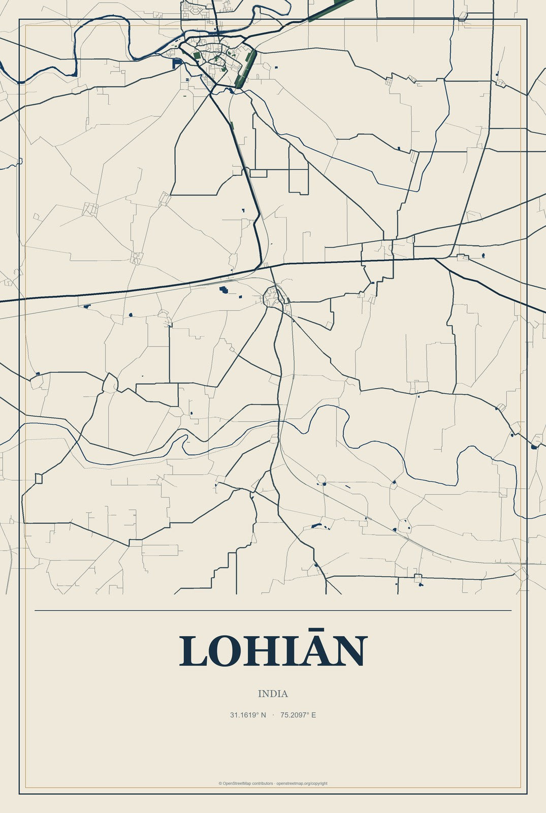 Lohiān, India City Map Aluminum Sign in Coastal Cutout style