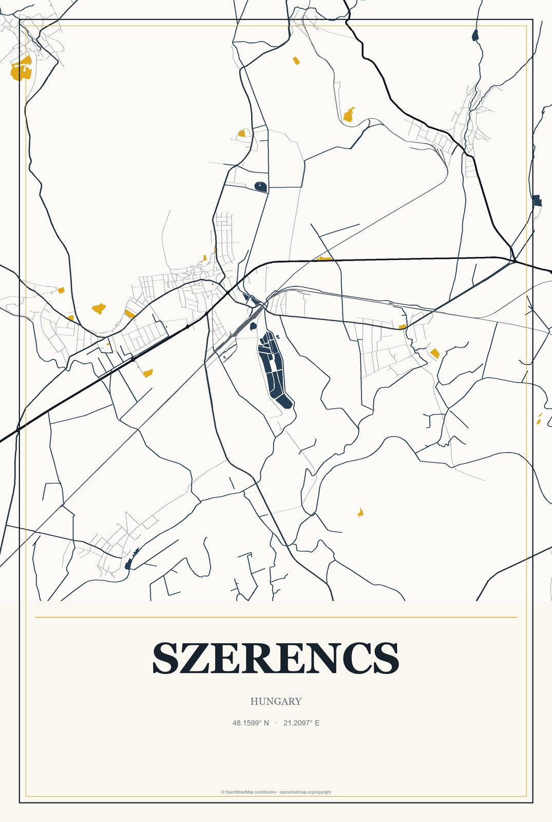Szerencs, Hungary City Map Aluminum Sign in Citrine Modern style